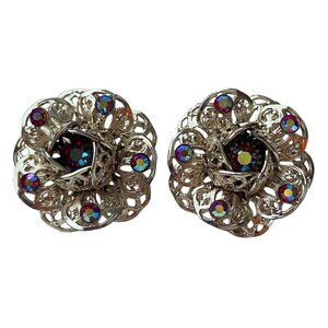 Vintage 60s Signed Sarah Coventry Filigree Red AB Clip On Flower Earrings Silver